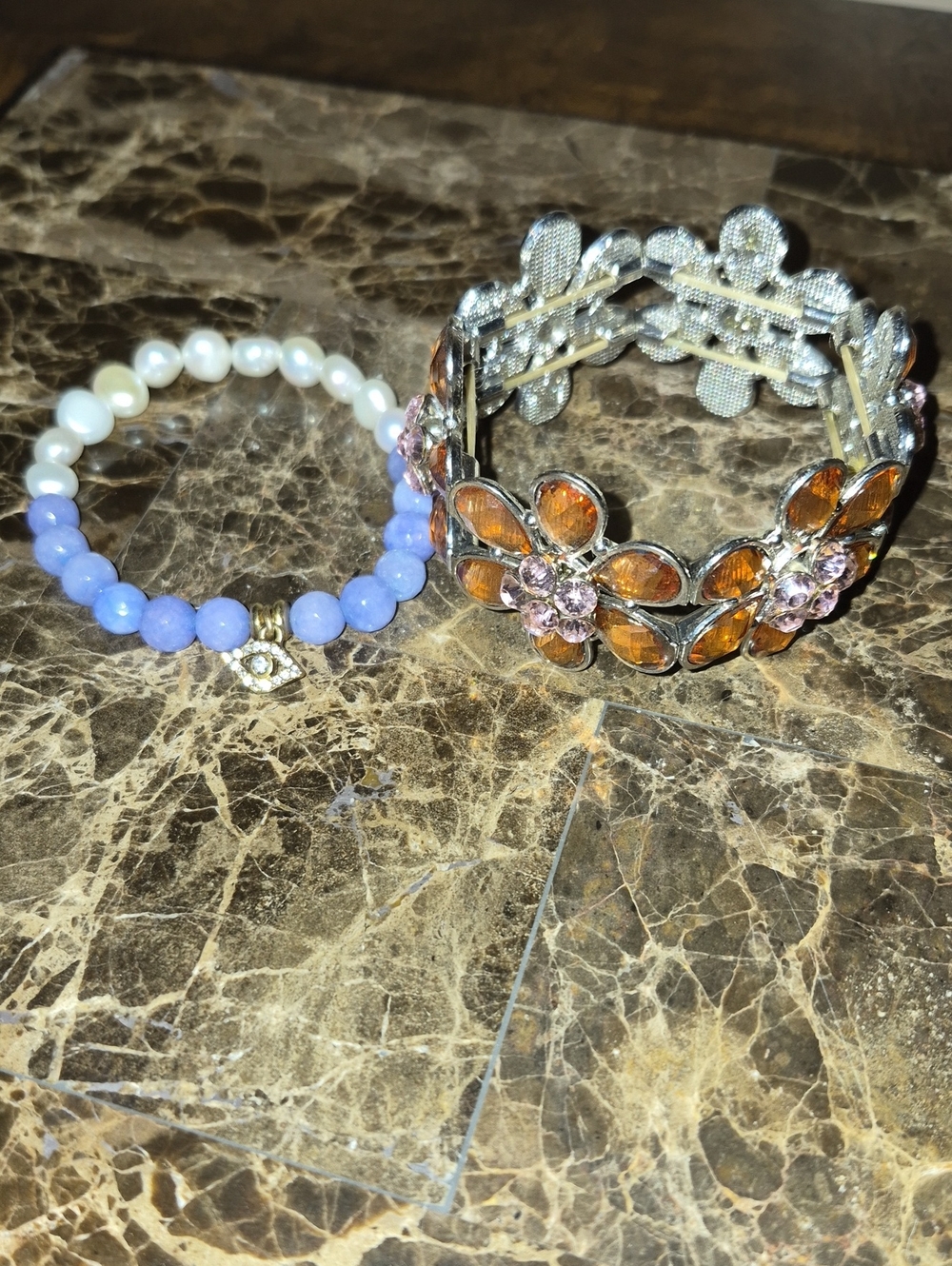 Floral Amber Stretch Bracelet And Lavender and Pearl Bead Bracelet Set